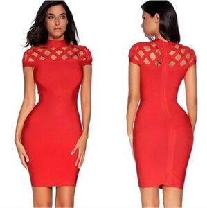 Meilun Women's High Neck Lattice Bodycon Short Sleeve Bandage Dress. NWT